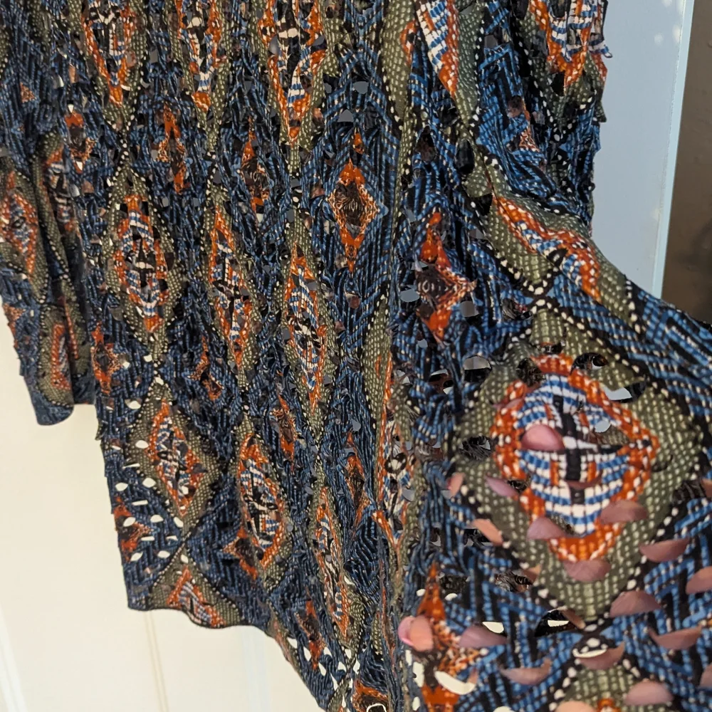 Adore Laser Cut Out Navy and Rust Mini Dress. Size XL.